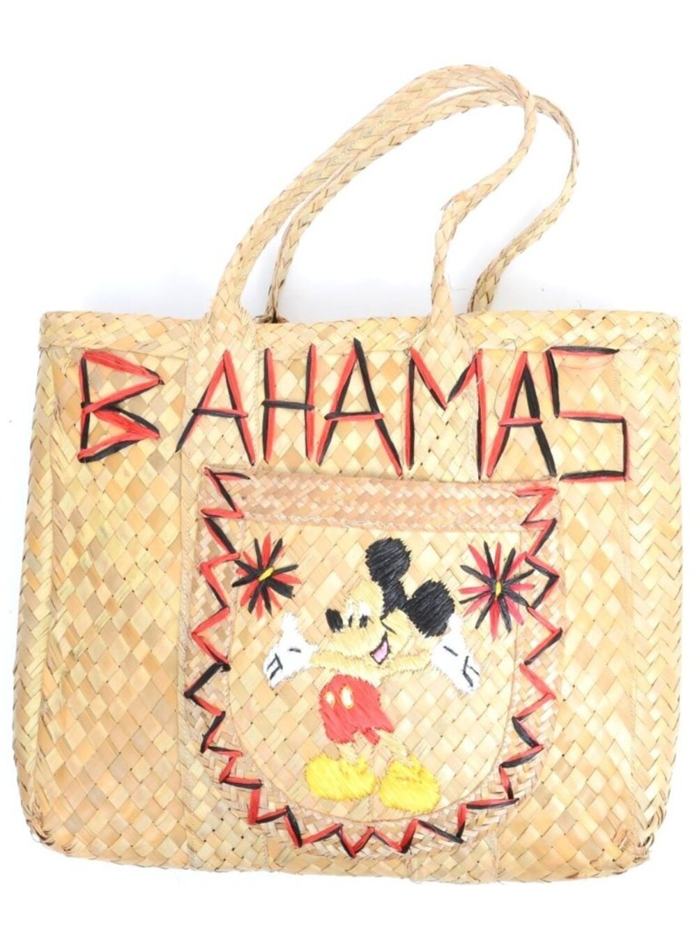 Vintage Bahamas Disney's Mickey Mouse Woven‎ Straw Embroidery Tote Bag Purse